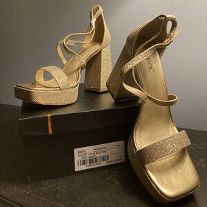 IDIFU Women's Gold Glitter Platform High Chunky Heels Open Toe Sandal